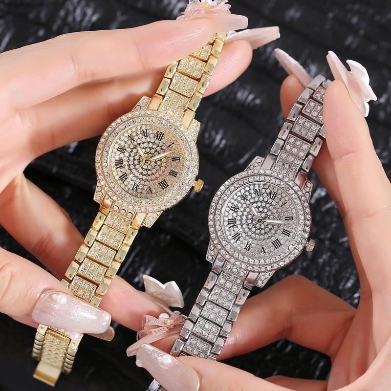 Gold Full Diamond Roman Steel Strap Quartz Watch-1915198345085849603