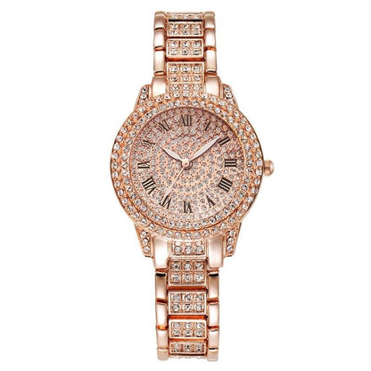 Rose Gold Full Diamond Roman Steel Strap Quartz Watch-1915198151992676352