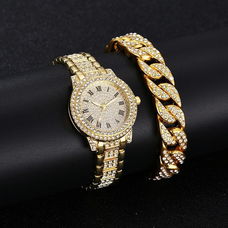 Gold Steel Strap Quartz Watch With Full Diamond Roman Numerals & Bracelet-1915197836610375680