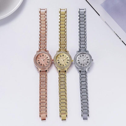 Gold Steel Strap Quartz Watch With Full Diamond Roman Numerals & Bracelet-1915197836610375682