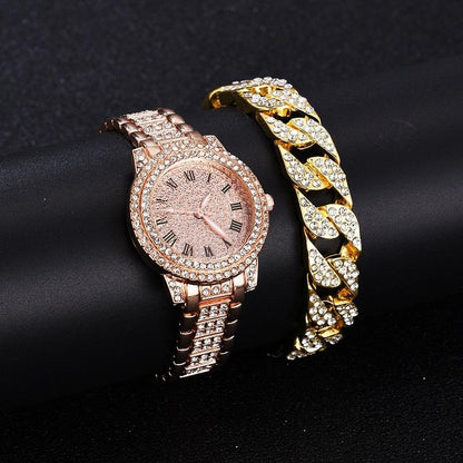 Roman Steel Quartz Watch With Full Diamond Strap & Rose Gold Bracelet-1915197646956531712