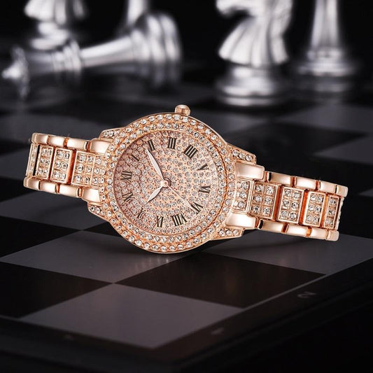 Roman Steel Quartz Watch With Full Diamond Strap & Rose Gold Bracelet-1915197646956531713