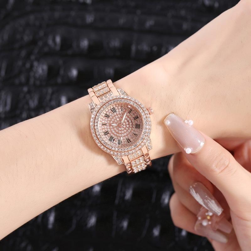 Roman Steel Quartz Watch With Full Diamond Strap & Rose Gold Bracelet-1915197646956531716