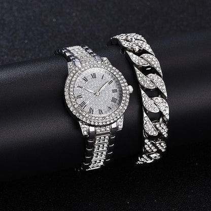Silver Full Diamond Roman Steel Quartz Watch & Bracelet-1915197453783666693