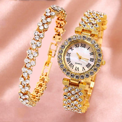 Gold Roman Diamond Watch & Bracelet Set For Women-1915197804704305152
