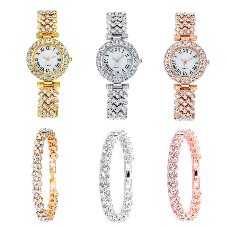 Gold Roman Diamond Watch & Bracelet Set For Women-1915197804704305153