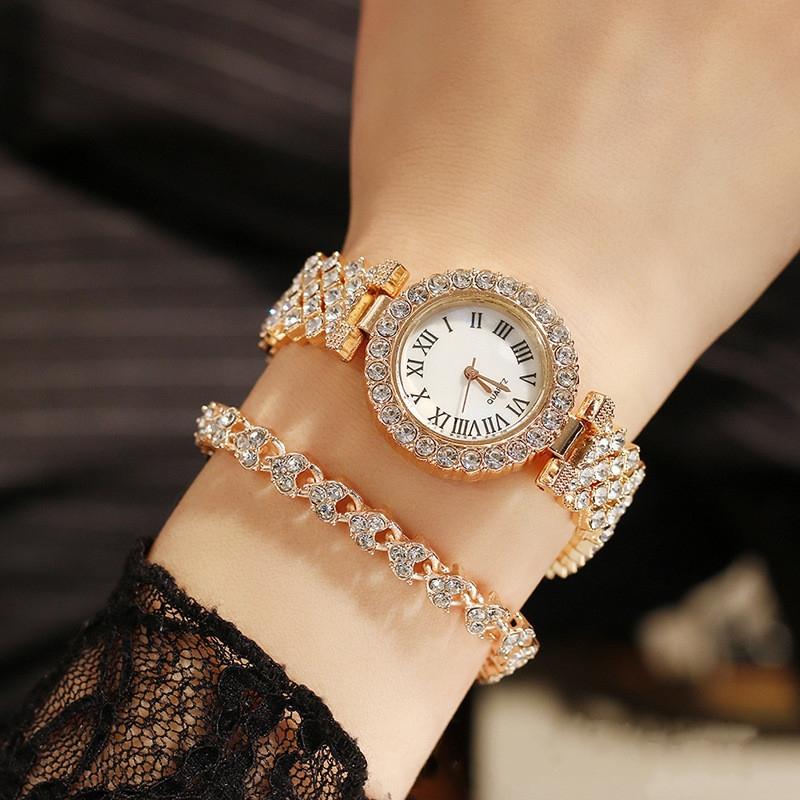 Gold Roman Diamond Watch & Bracelet Set For Women-1915197804704305156