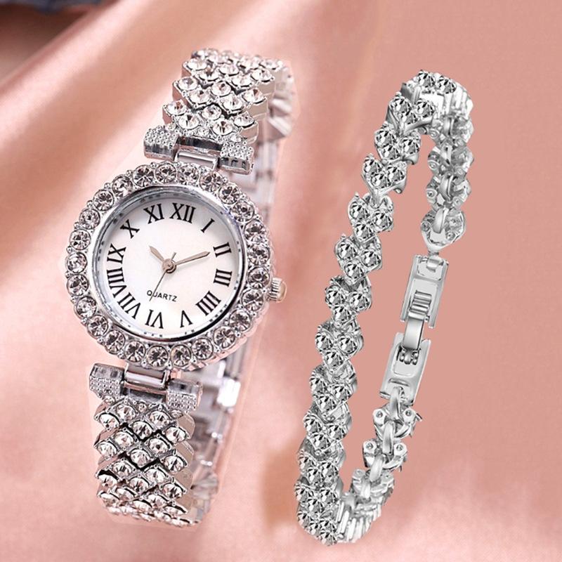 Silver Roman Diamond Quartz Watch With Bracelet - Women-1915197624458285061