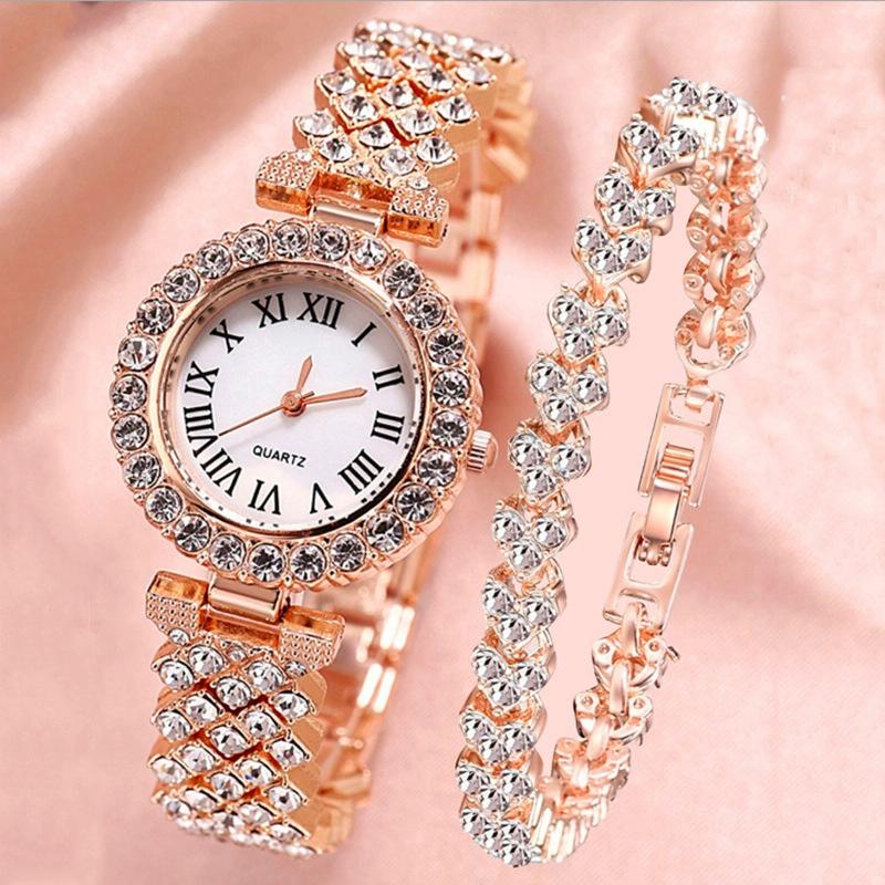 Rose Gold Roman Diamond Watch & Bracelet Set-1922443395024949253