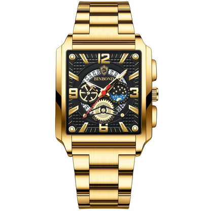 Vintage Square Multifunctional Luminous Quartz Watch For Men - Gold And Black-1915197823066968064