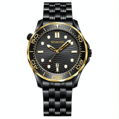 30M Waterproof Men Quartz Watch - Black Steel With Inter-Gold Accents And Luminous Dial-1915197165341380608