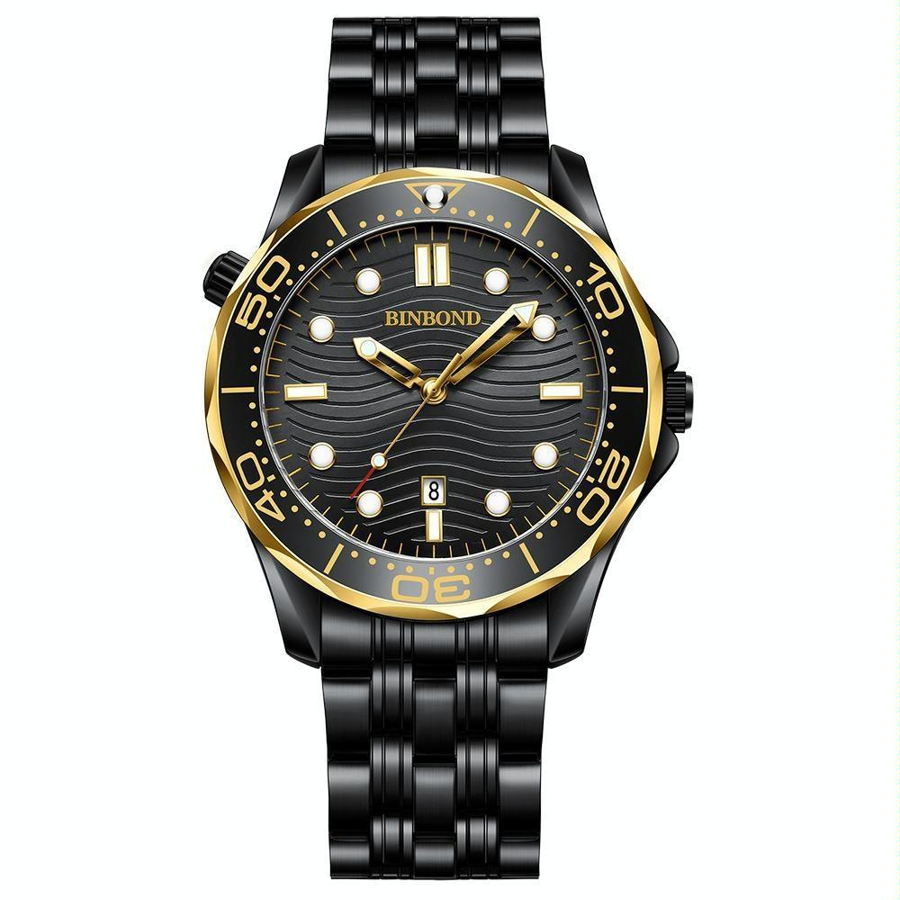 30M Waterproof Men Quartz Watch - Black Steel With Inter-Gold Accents And Luminous Dial-1915197165341380615