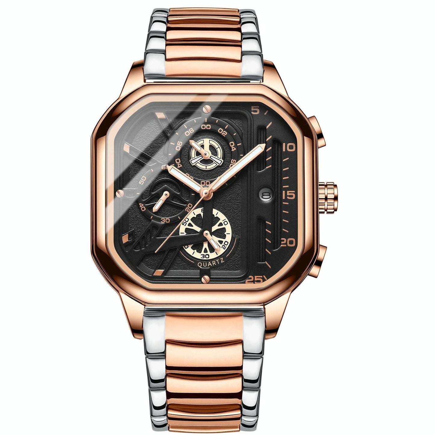Waterproof Luminous Square Quartz Watch In Rose Gold And Black-1915197186161905664