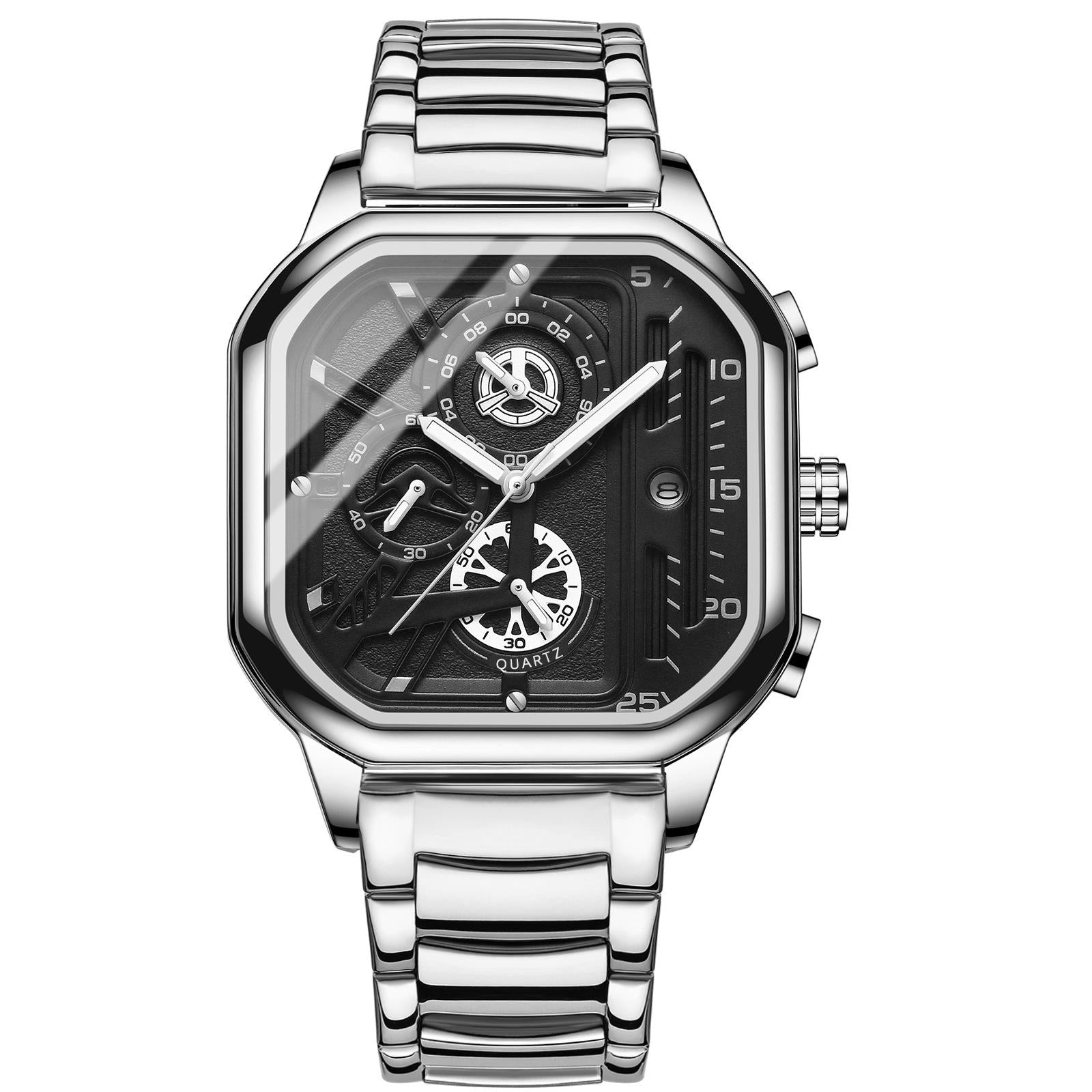 Waterproof Luminous Square Quartz Watch - White Steel With Black And White Accents - 30M-1915197279271260160