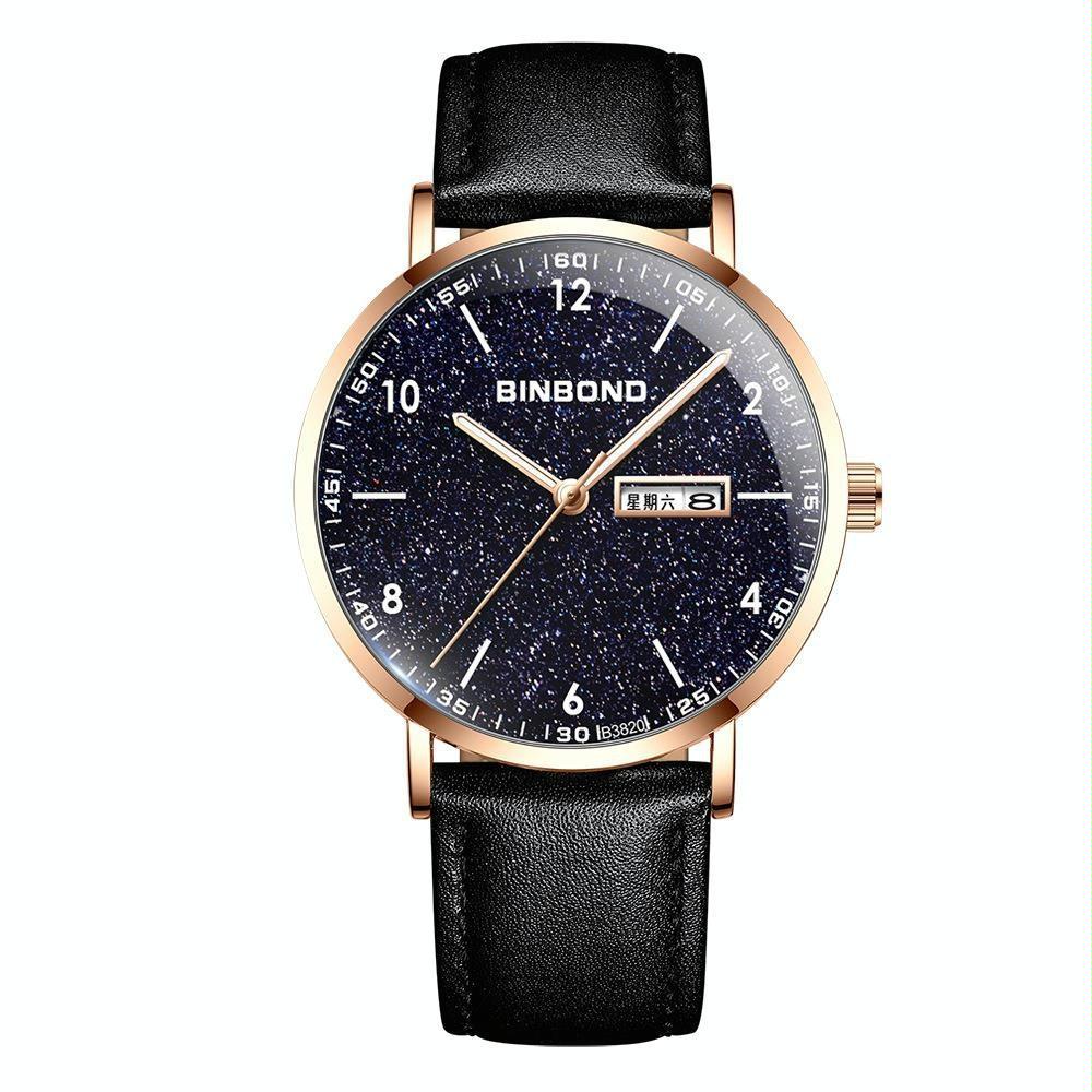 Waterproof Ultra-Thin Quartz Luminous Starry Watch With Black Leather And Rose Gold Accents-1915197434842189831