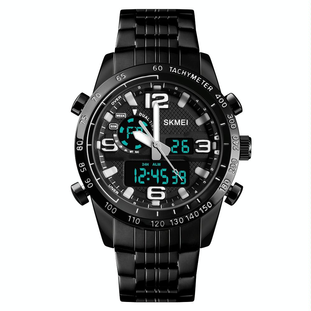 Waterproof Dual Movement Men Watch With Steel Strap - Black-1915196874290237440