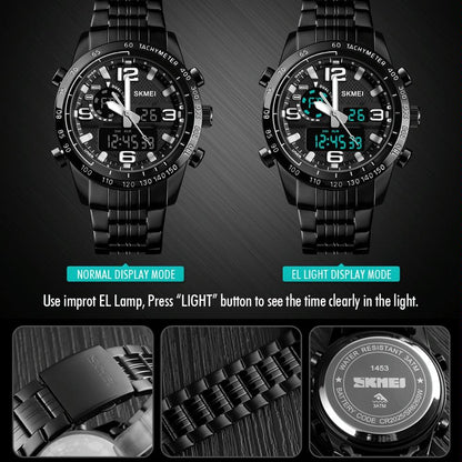 Waterproof Dual Movement Men Watch With Steel Strap - Black-1915196874290237442