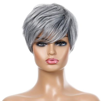Short Straight Hair Wig - High Temp Silk Fiber - Silver Gray-1915198319324434433