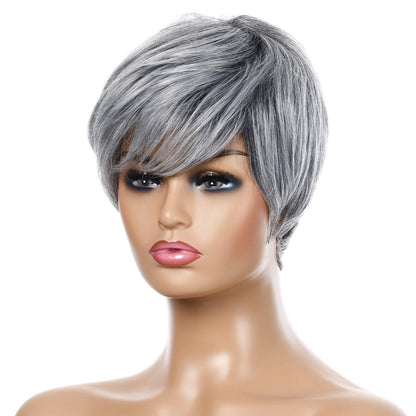 Short Straight Hair Wig - High Temp Silk Fiber - Silver Gray-1915198319324434434