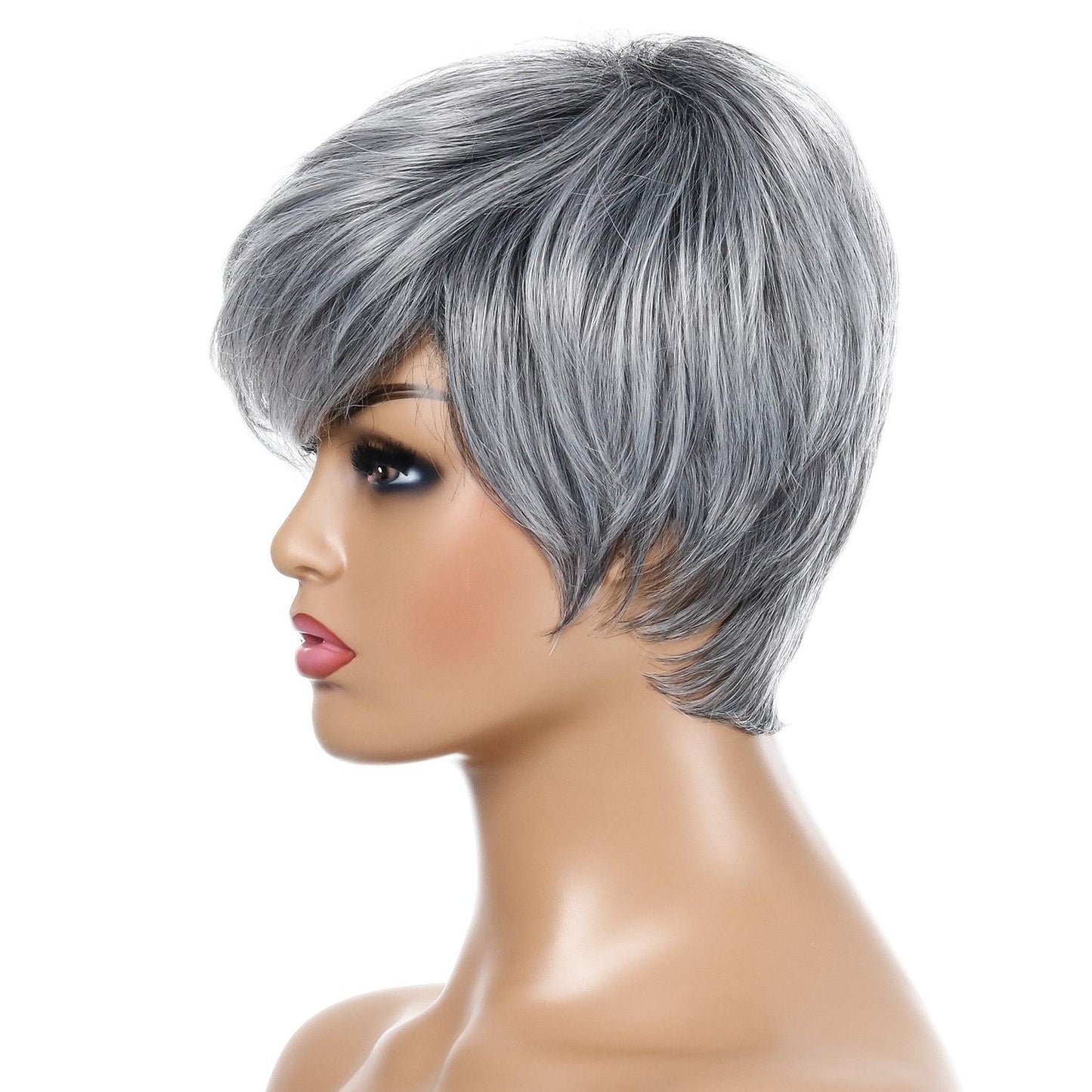 Short Straight Hair Wig - High Temp Silk Fiber - Silver Gray-1915198319324434435