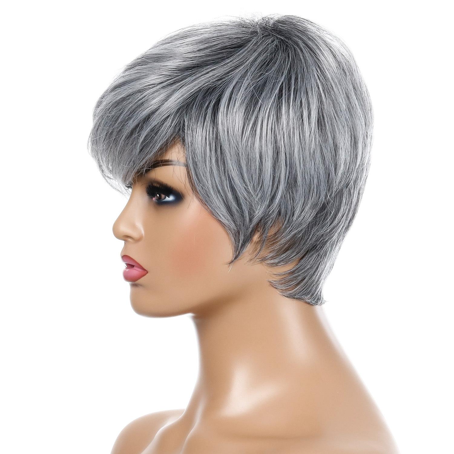 Short Straight Hair Wig - High Temp Silk Fiber - Silver Gray-1915198319324434435