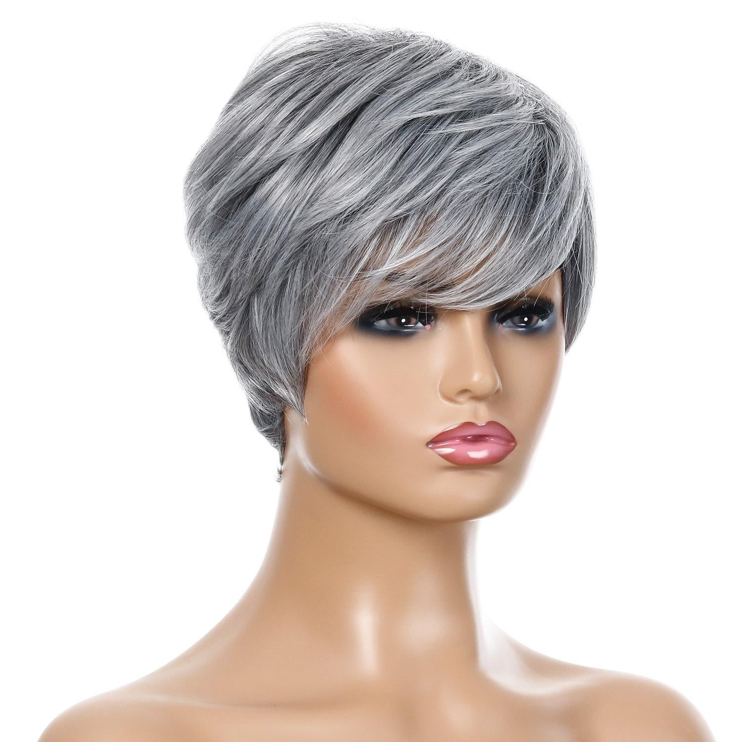 Short Straight Hair Wig - High Temp Silk Fiber - Silver Gray-1915198319324434436