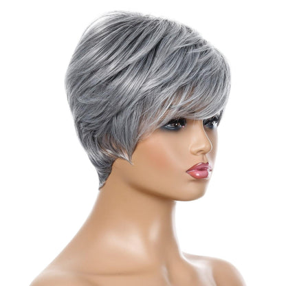 Short Straight Hair Wig - High Temp Silk Fiber - Silver Gray-1915198319324434437