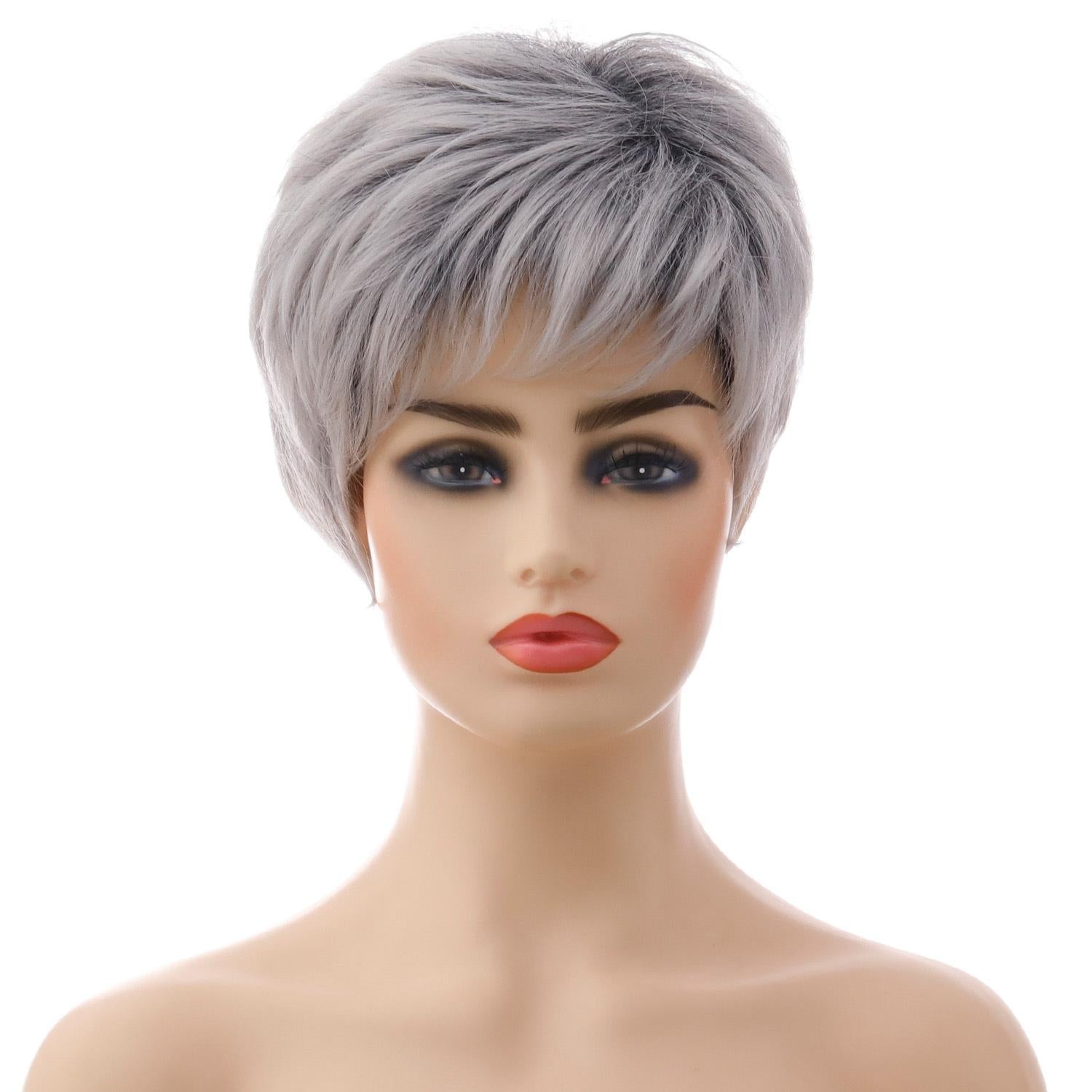 Short Straight Hair Wig - High Temp Fiber - Silver Gray-1915198133206388739
