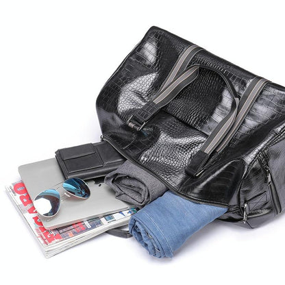 Multifunctional Leather Duffel Bag For Travel - Crocodile Print-1964932182657077253