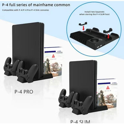 Multi-Function Dual-Seat Cooling Base For Ps4 / Ps4 Pro / Ps4 Slim With Charging And Storage - Black-1915196928237375495