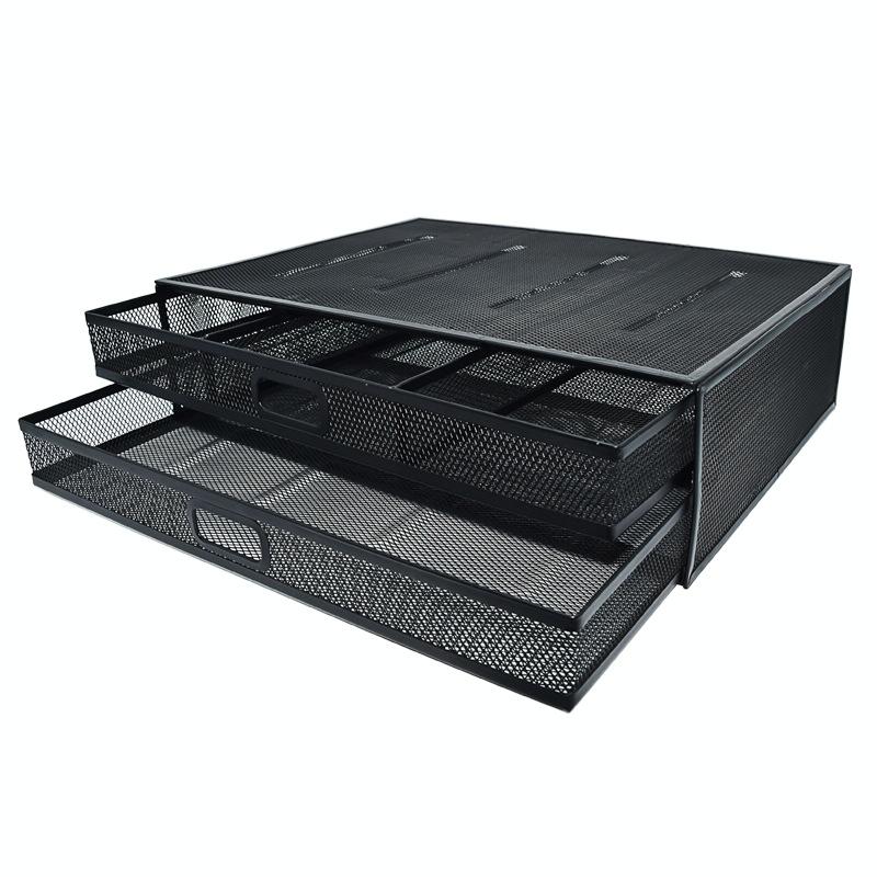 Double Iron Desktop Stand With Drawer For Height Increase And Storage - Black-1964932190563340288