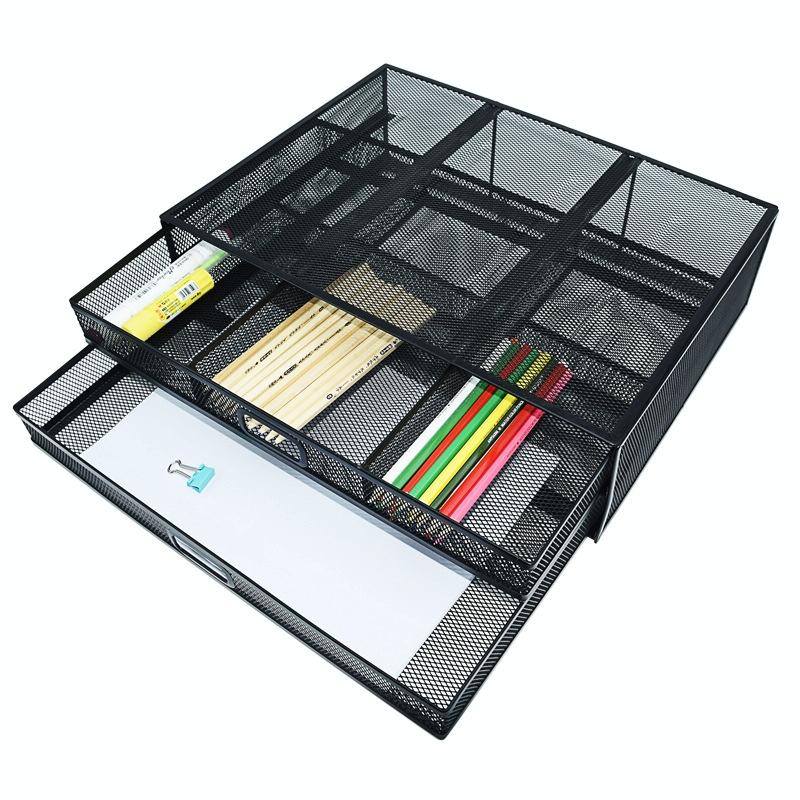 Double Iron Desktop Stand With Drawer For Height Increase And Storage - Black-1964932190563340292