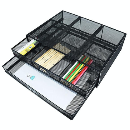 Double Iron Desktop Stand With Drawer For Height Increase And Storage - Black-1964932190563340292