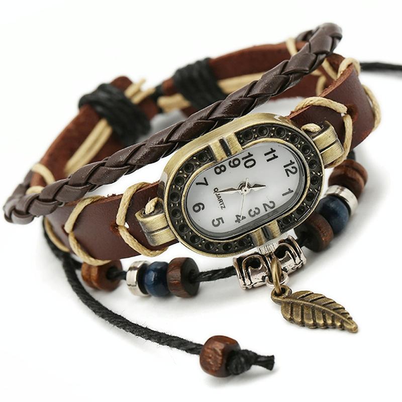 Vintage Leather Leaf Bracelet Watch - Brown-1915196896431968260