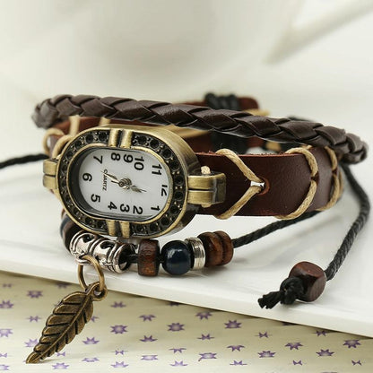 Vintage Leather Leaf Bracelet Watch - Brown-1915196896431968257