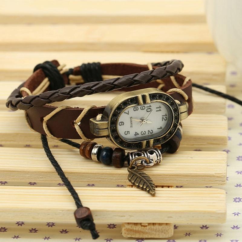 Vintage Leather Leaf Bracelet Watch - Brown-1915196896431968258