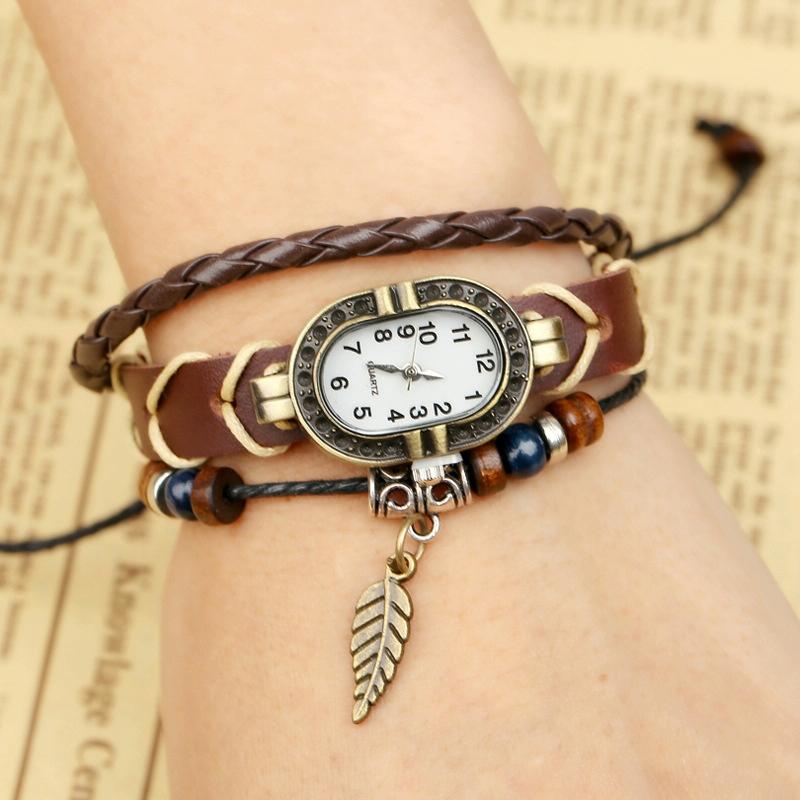 Vintage Leather Leaf Bracelet Watch - Brown-1915196896431968259