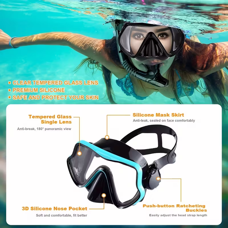 Snorkeling mask breathing tube set, large frame silicone mask, leak-proof and anti-fog snorkeling mask, swimming goggles for men and women