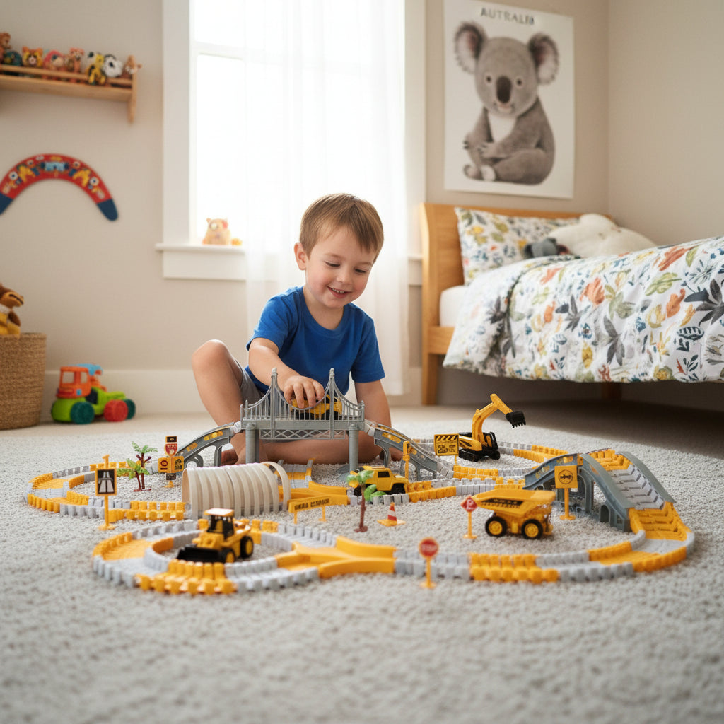 Toy race track set with vehicles on a white background