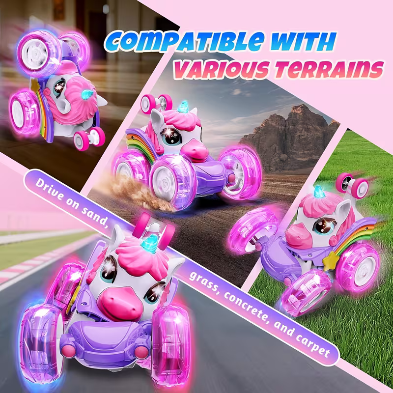 Unicorn Remote Control Stunt Car – 360° Rotating Fun with Lights and Rechargeable Power