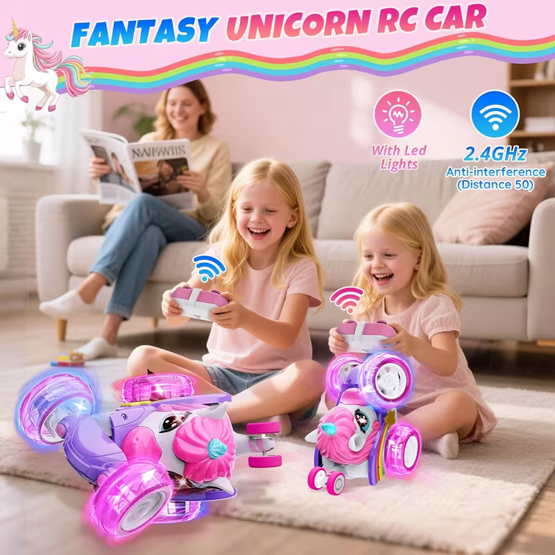 Unicorn Remote Control Stunt Car – 360° Rotating Fun with Lights and Rechargeable Power