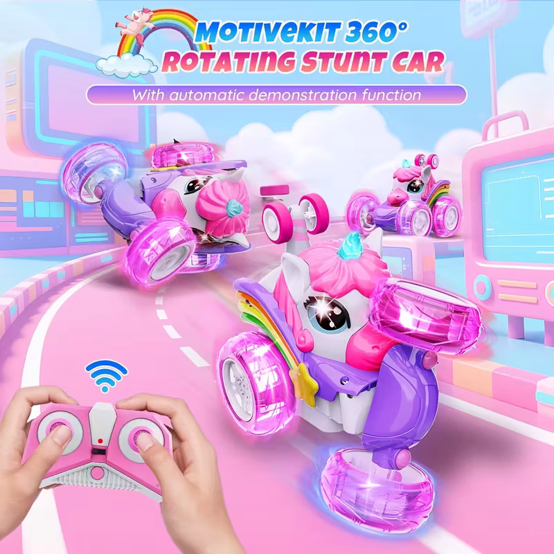 Unicorn Remote Control Stunt Car – 360° Rotating Fun with Lights and Rechargeable Power
