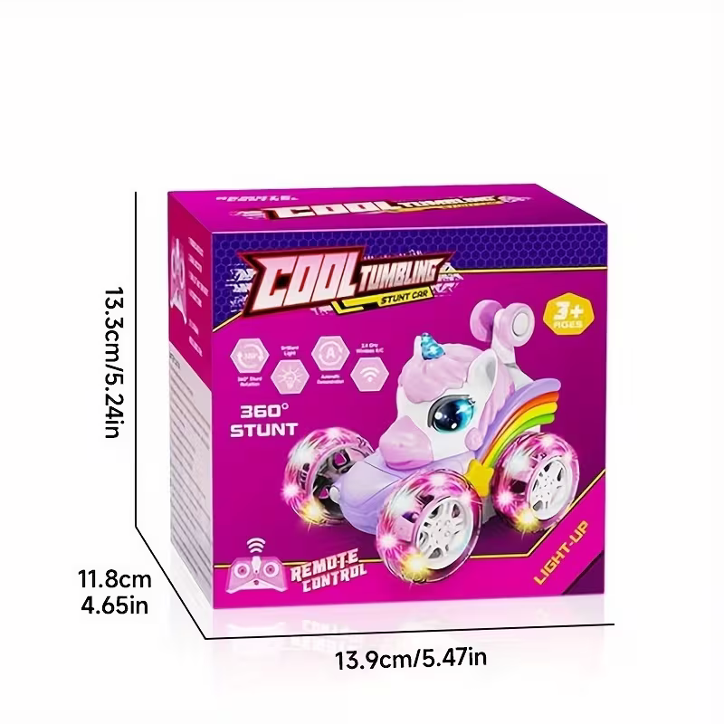 Unicorn Remote Control Stunt Car – 360° Rotating Fun with Lights and Rechargeable Power