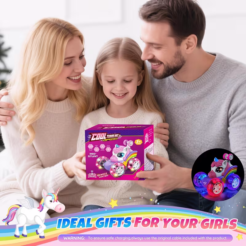 Unicorn Remote Control Stunt Car – 360° Rotating Fun with Lights and Rechargeable Power