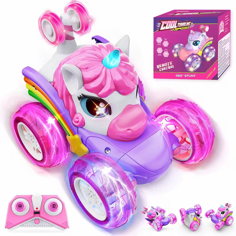 Unicorn Remote Control Stunt Car – 360° Rotating Fun with Lights and Rechargeable Power