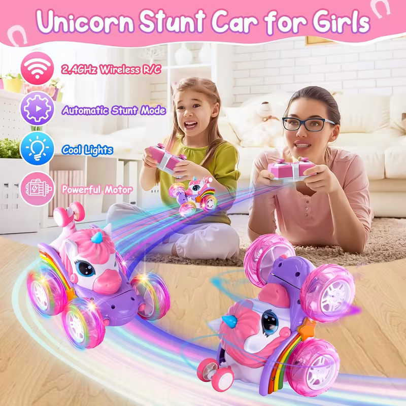 Unicorn Remote Control Stunt Car – 360° Rotating Fun with Lights and Rechargeable Power