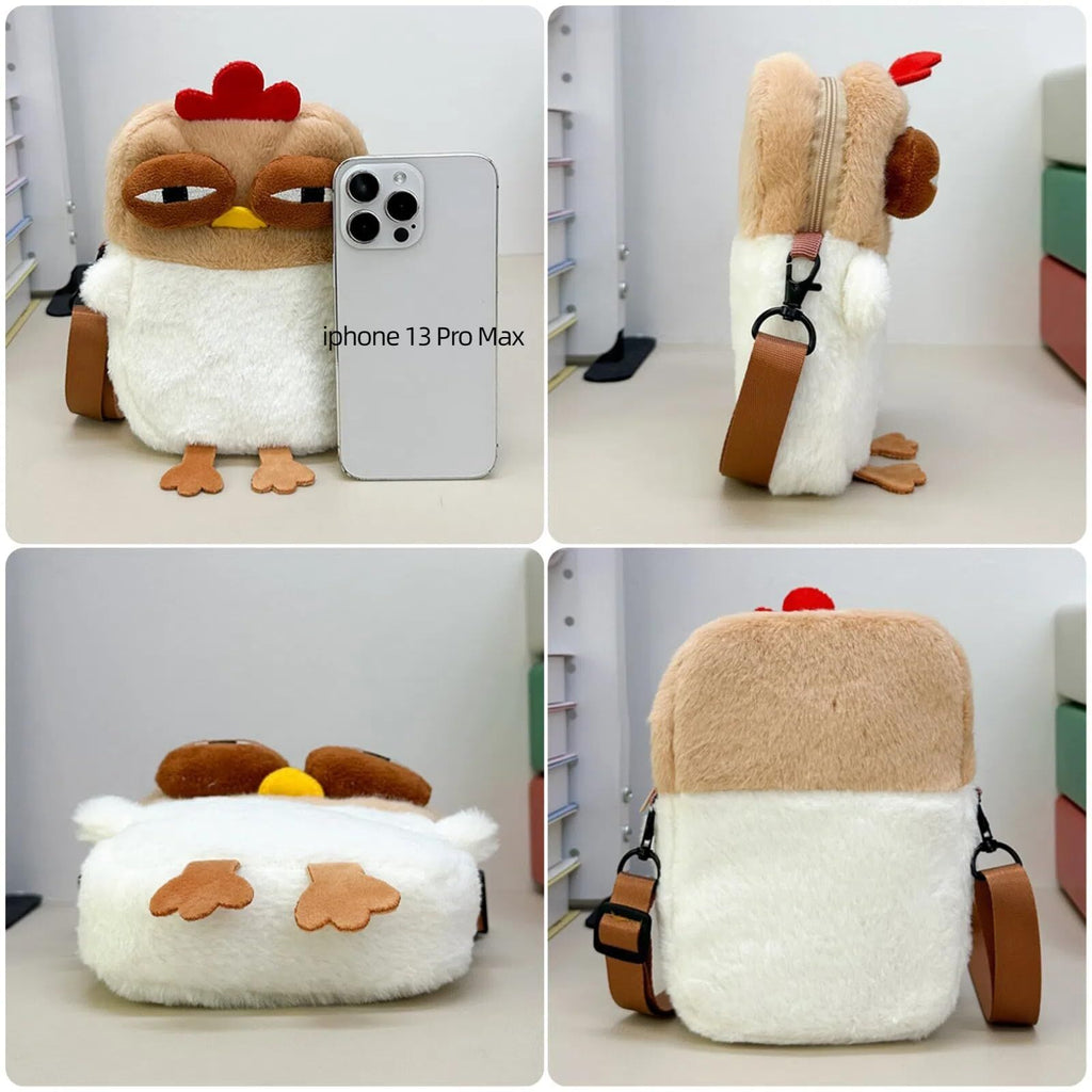 Cute Chicken Plush Crossbody Bag – White & Brown Kawaii Animal Backpack for Kids & Girls | Fun Gift Idea