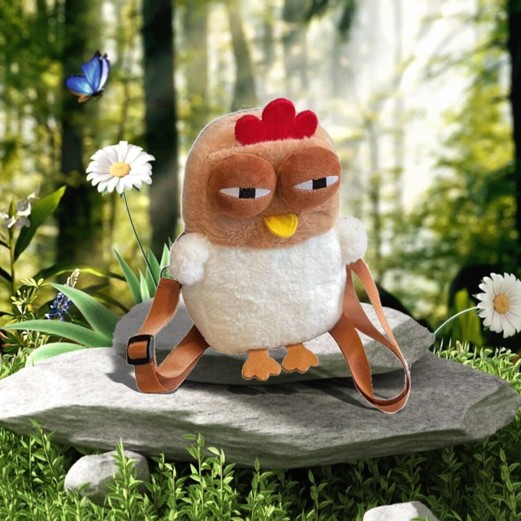 Cute Chicken Plush Crossbody Bag – White & Brown Kawaii Animal Backpack for Kids & Girls | Fun Gift Idea