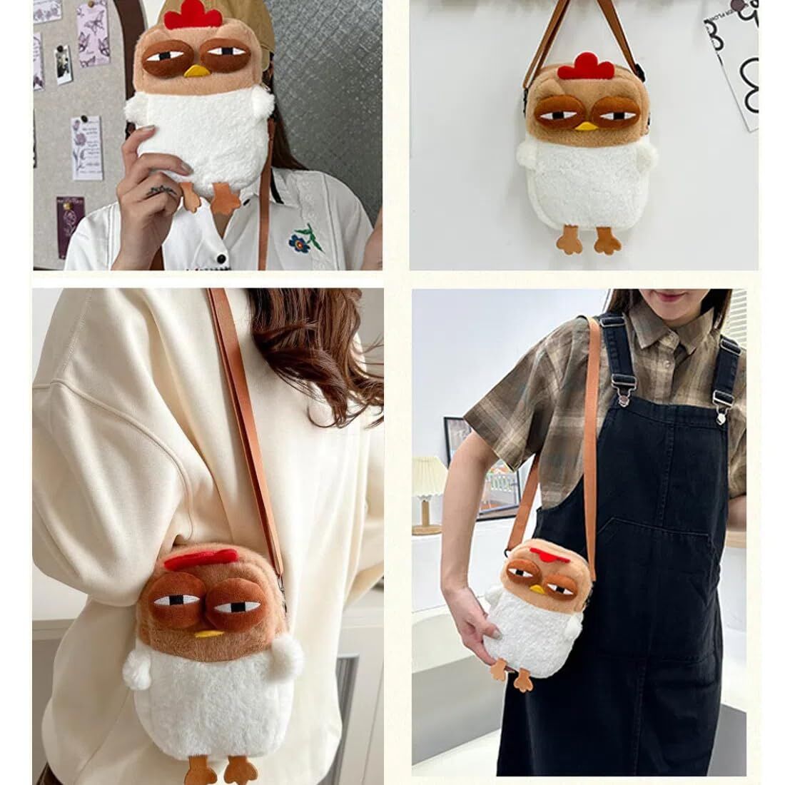 Cute Chicken Plush Crossbody Bag – White & Brown Kawaii Animal Backpack for Kids & Girls | Fun Gift Idea