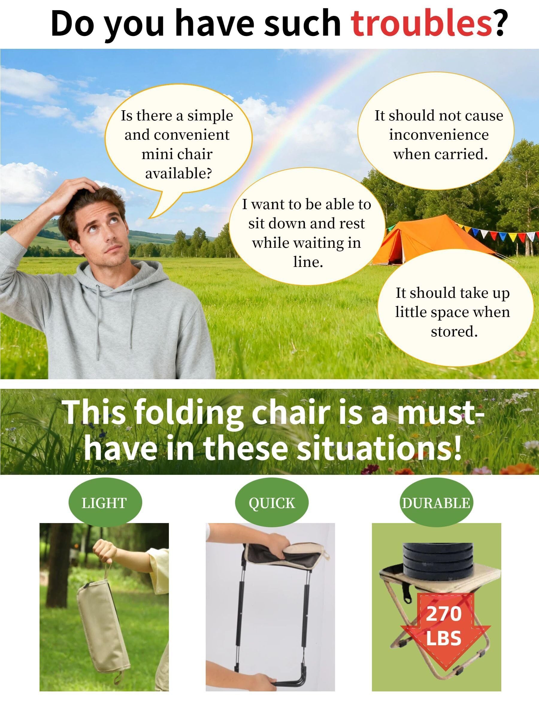 Green Portable Folding Chair – Compact Outdoor Stool for Camping, Fishing & Hiking | Lightweight Collapsible Seat with Carry Bag | Durable Steel Frame | Other Colours Available In-Store